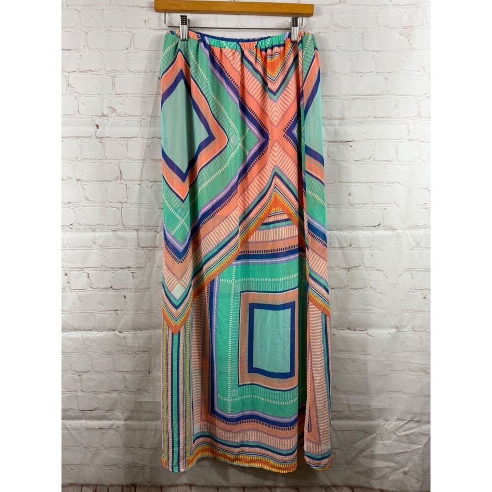 Pink Owl Skirt Womens Size Medium Green Peach White Geometric Pull On Maxi